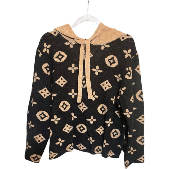 Black & Beige Designer 100% Cashmere Knit Hoodie Sweater - Picture 2 of 10